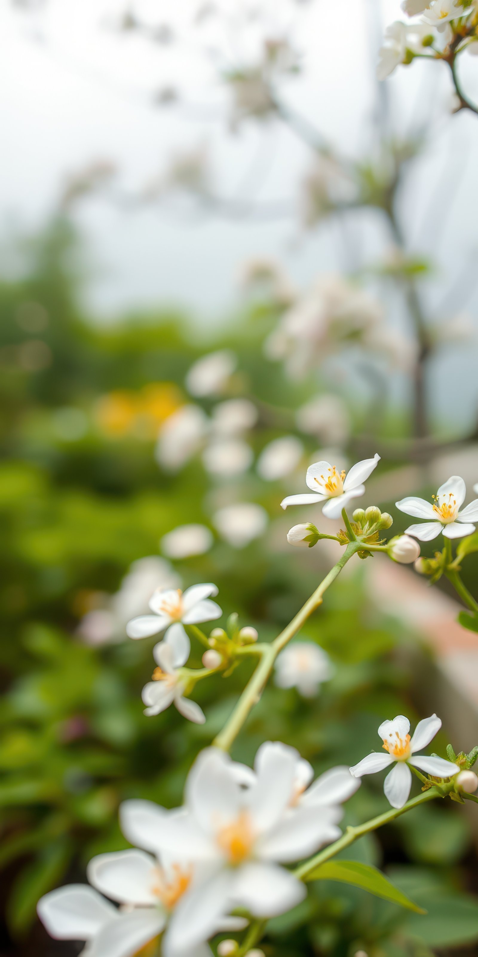 Beautiful white flowers in a lush garden setting on a peaceful day with blurred background